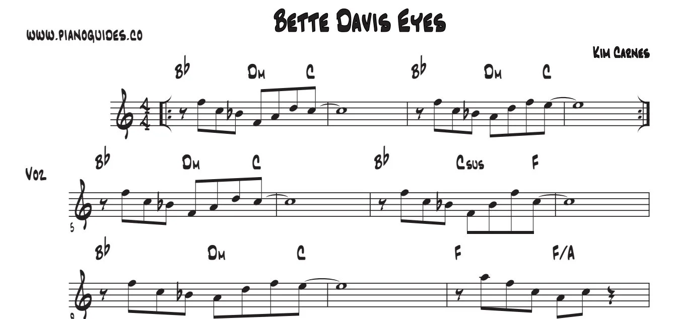 Título y primeras líneas de la guía de Bette Davis Eyes