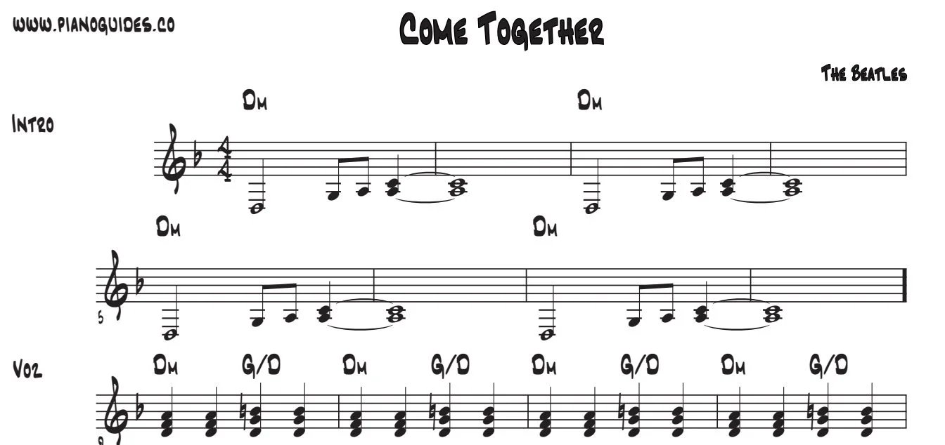 Título y primeras líneas de la guía de Come Together