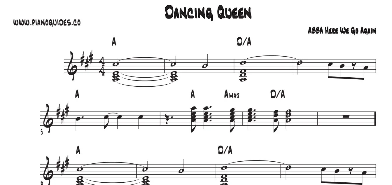 Título y primeras líneas de la guía de Dancing Queen (Here We Go Again)