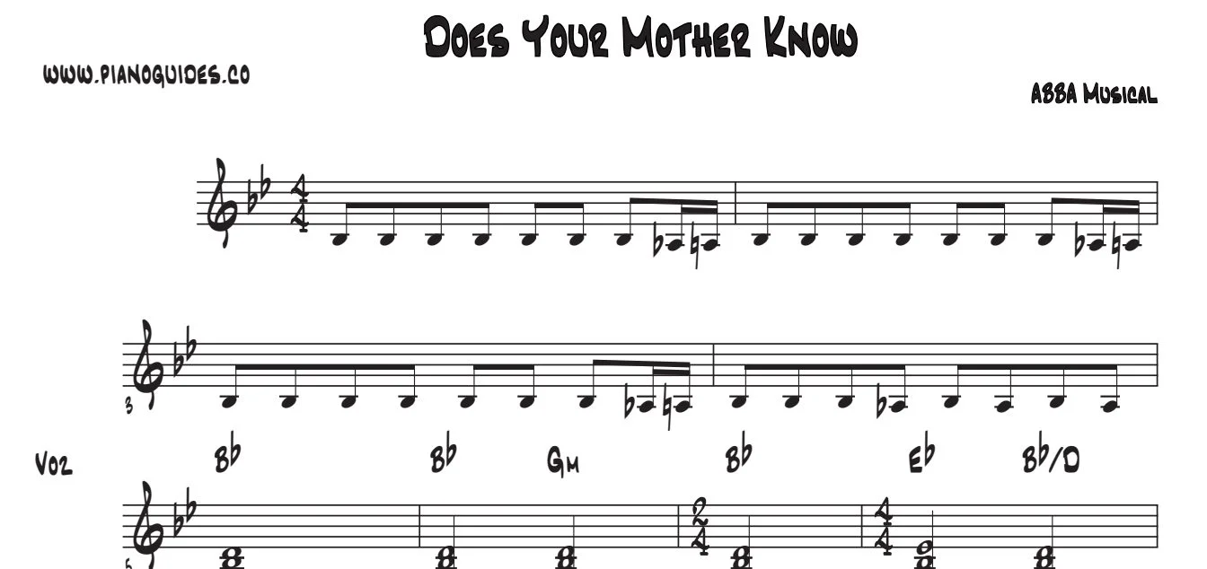 Título y primeras líneas de la guía de Does Your Mother Know (Musical)