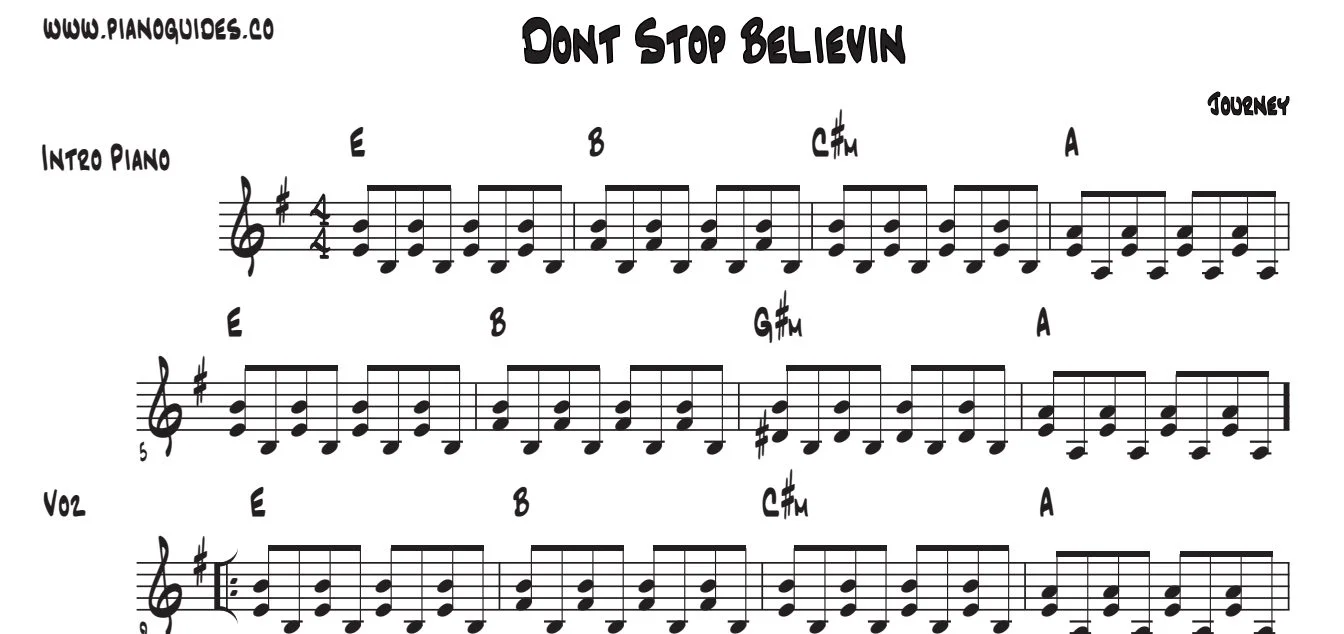Título y primeras líneas de la guía de Don't Stop Believin'