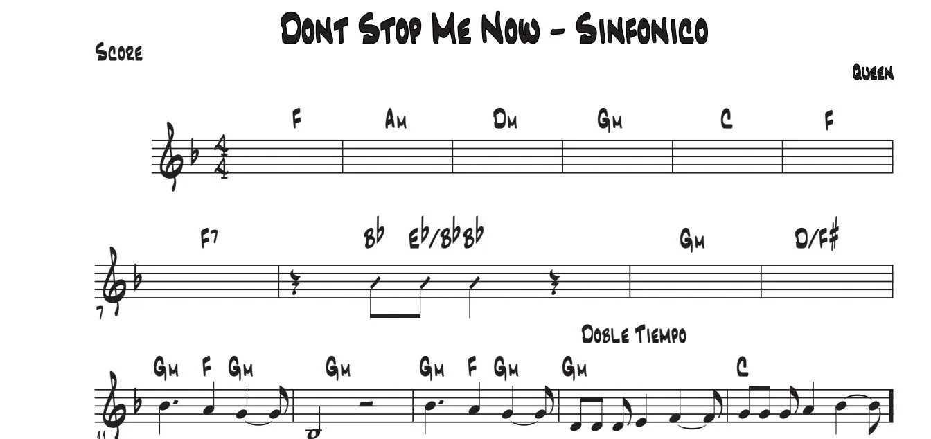 Título y primeras líneas de la guía de Don't Stop Me Now (Sinfonico)