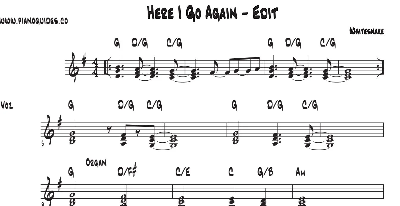 Título y primeras líneas de la guía de Here I Go Again (Edit)