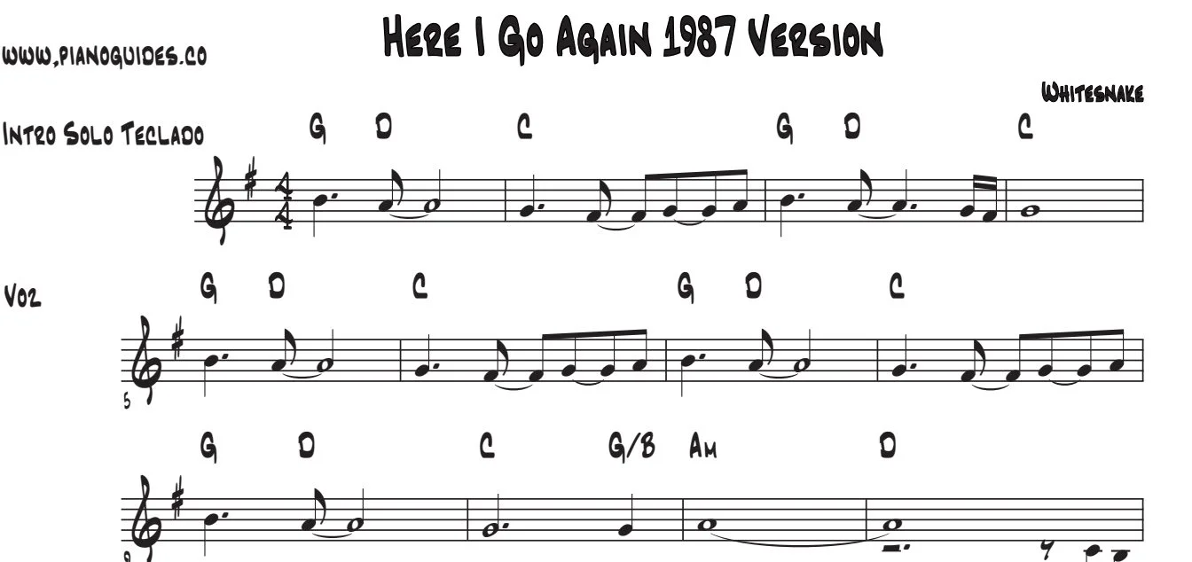 Título y primeras líneas de la guía de Here I Go Again (1987 Version)