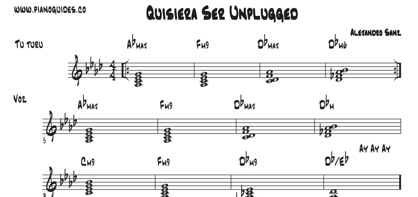 Título y primeras líneas de la guía de Quisiera Ser (Unplugged)