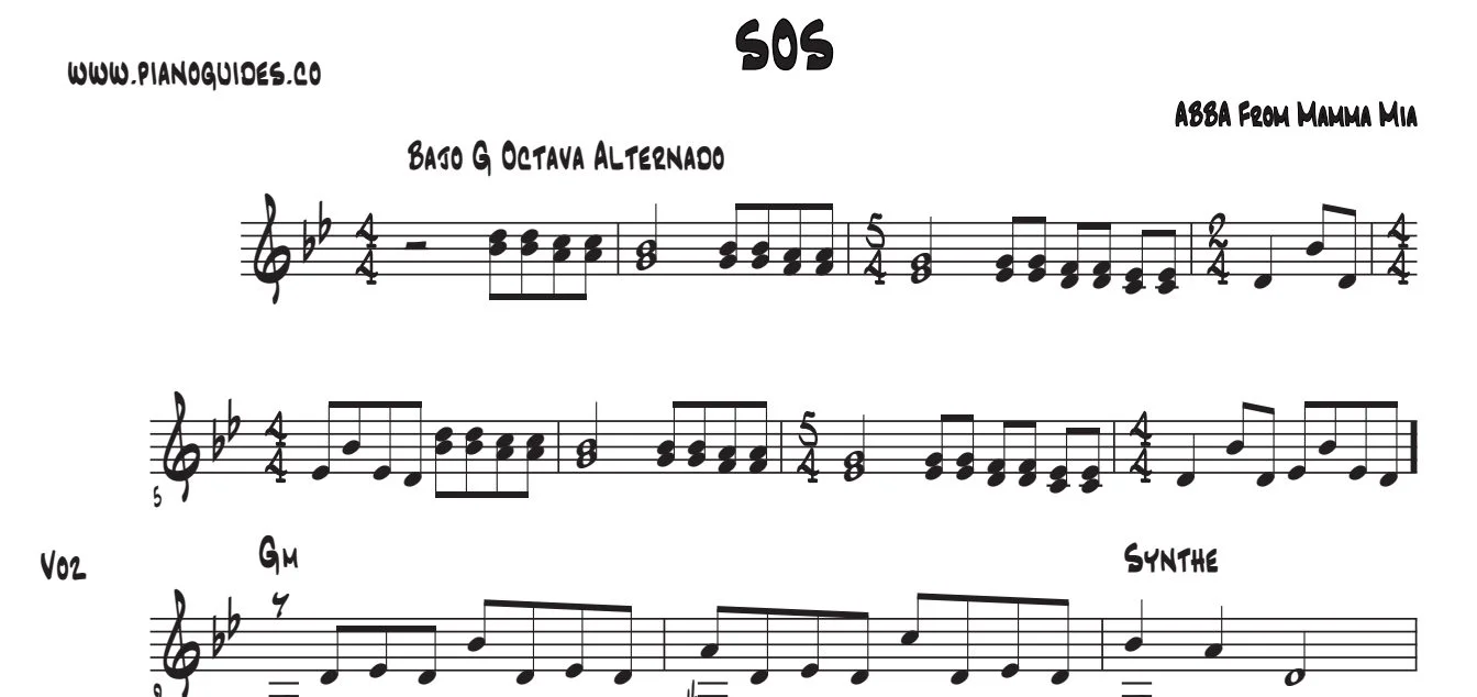 Título y primeras líneas de la guía de SOS (From Mamma Mia)