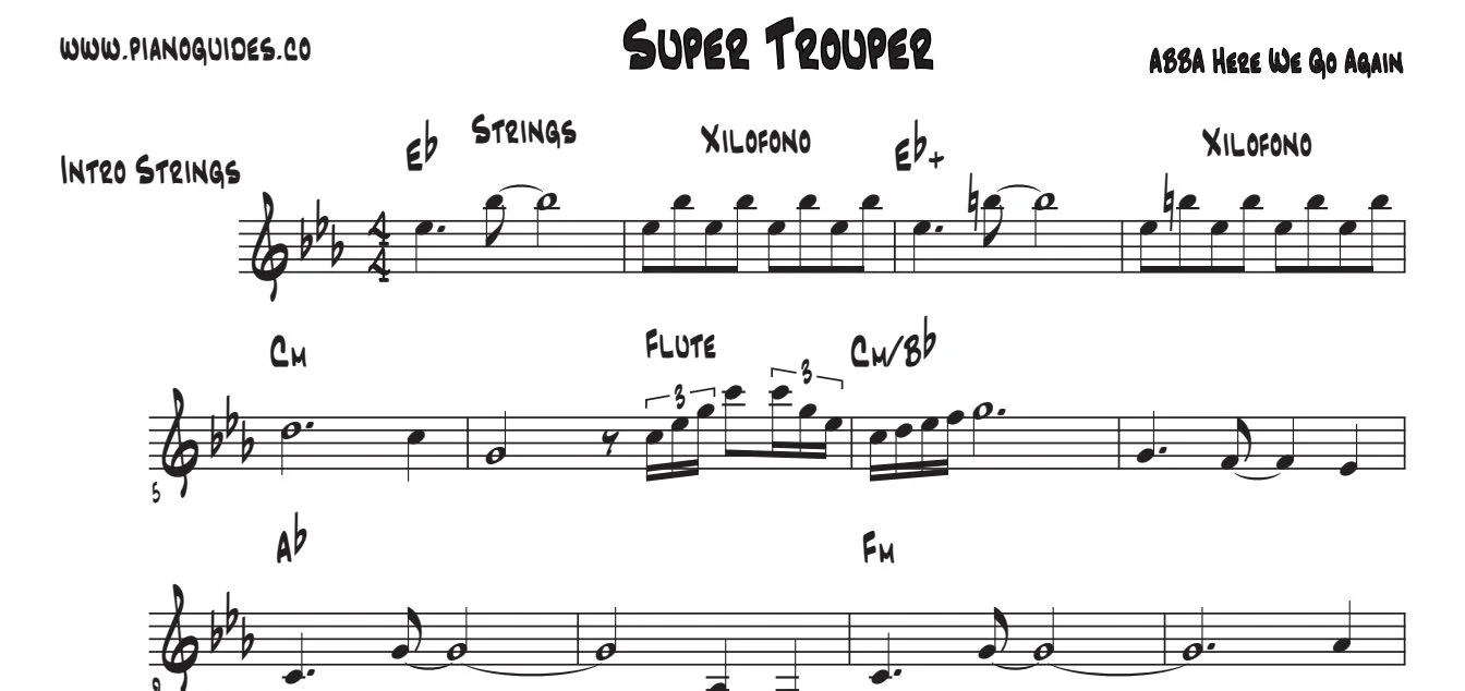 Título y primeras líneas de la guía de Super Trouper (Here We Go Again)