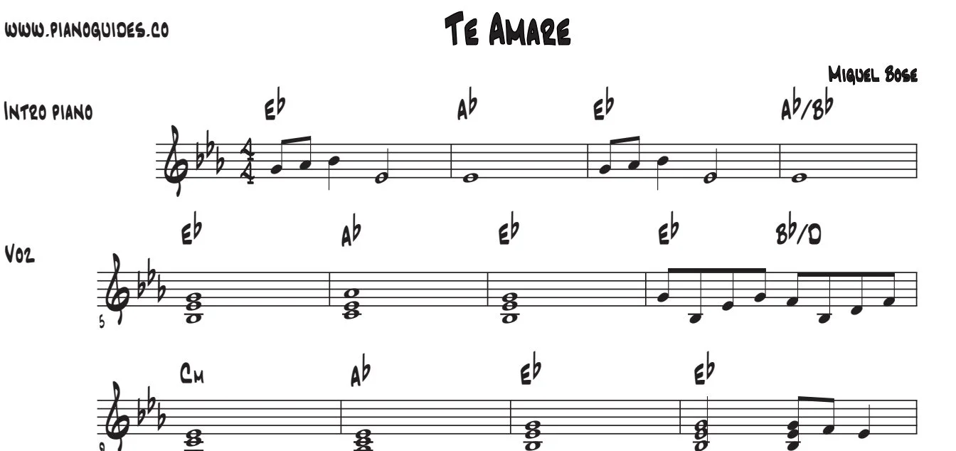 Título y primeras líneas de la guía de Te Amaré