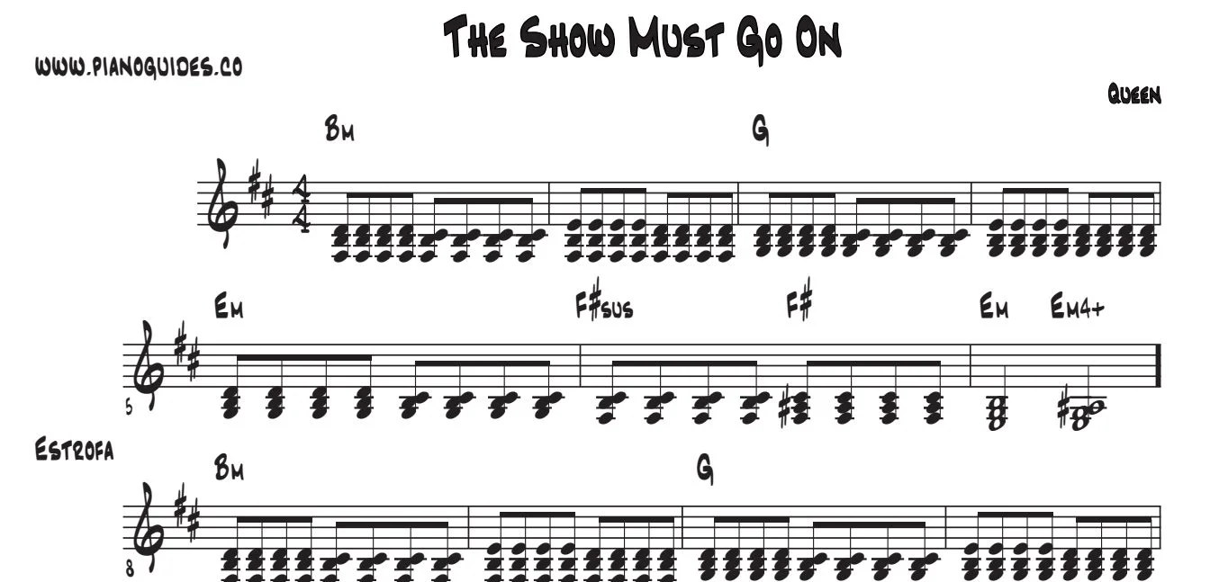 Título y primeras líneas de la guía de The Show Must Go On