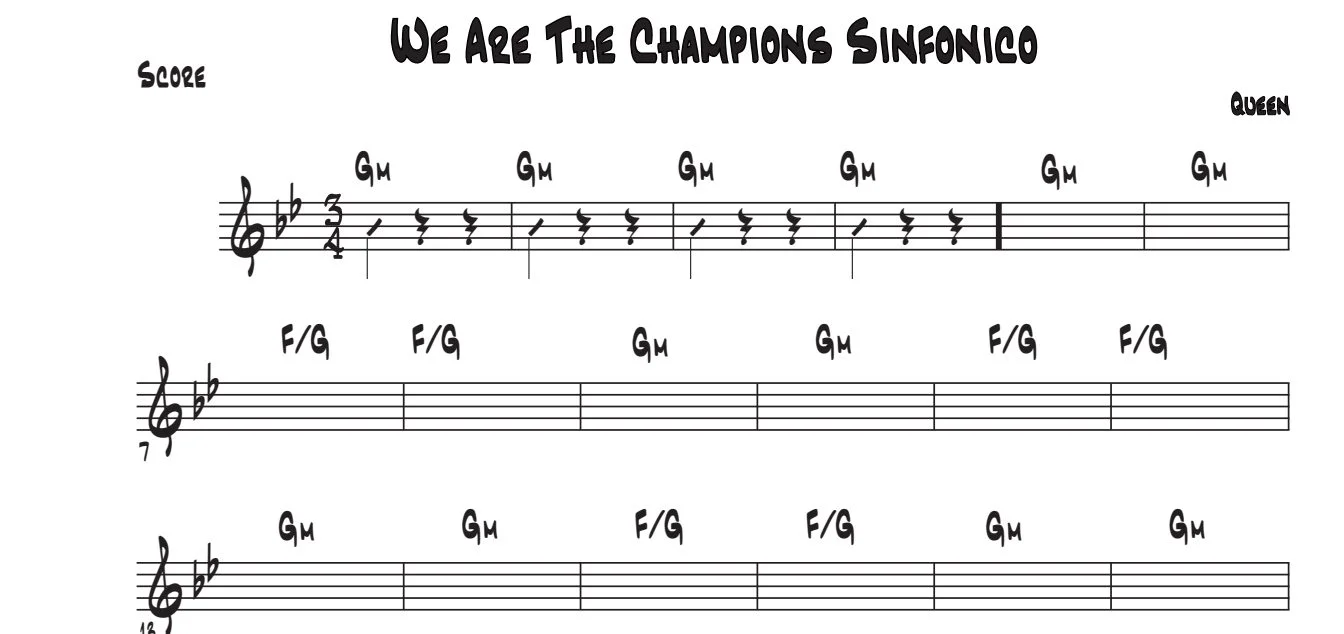 Título y primeras líneas de la guía de We Are The Champions (Sinfonico)