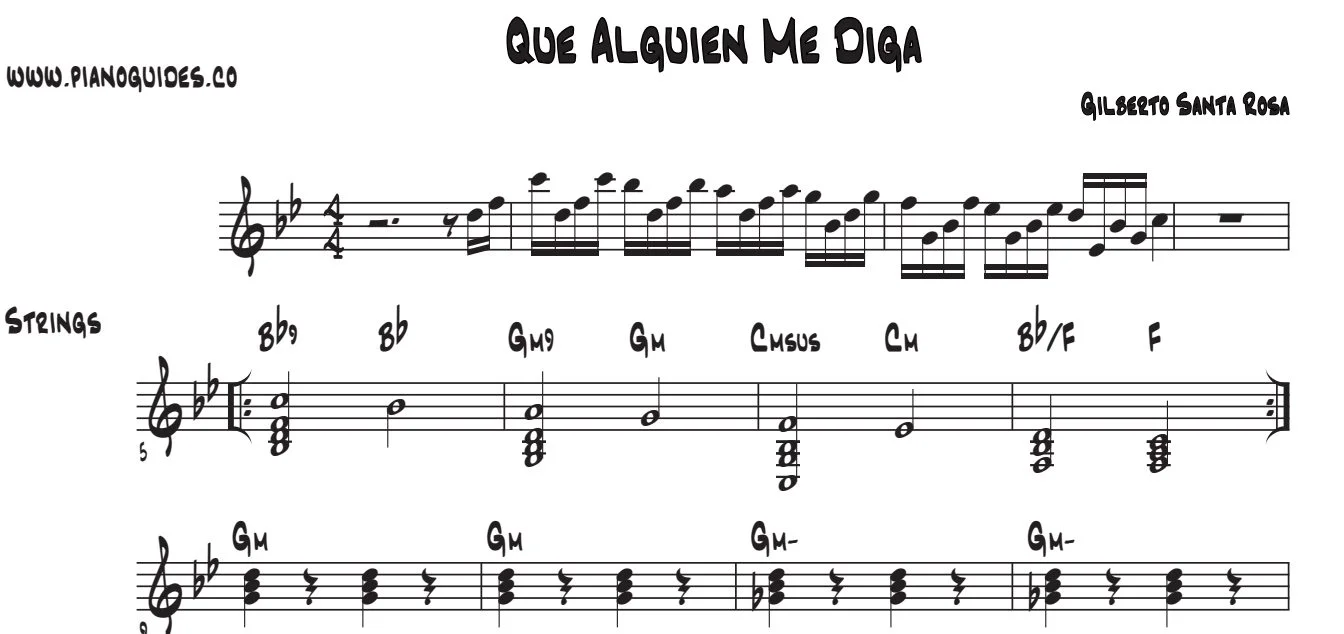 Título y tres primeras líneas de la guía de Que Alguien Me Diga (Gilberto Santa Rosa)